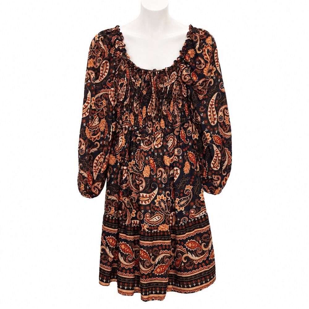 Aura The Label Dress Size L Blue Orange Floral Long Sleeve Smocked Bodice Boho